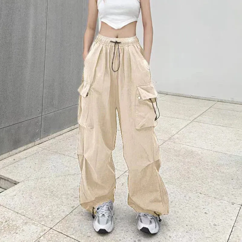 Bonnyshow Women Casual Joggers Tech Pants Solid Low Waist Sweatpants Drawstring Wide Leg Baggy Trousers Y2k Streetwear Oversize Sweatpants