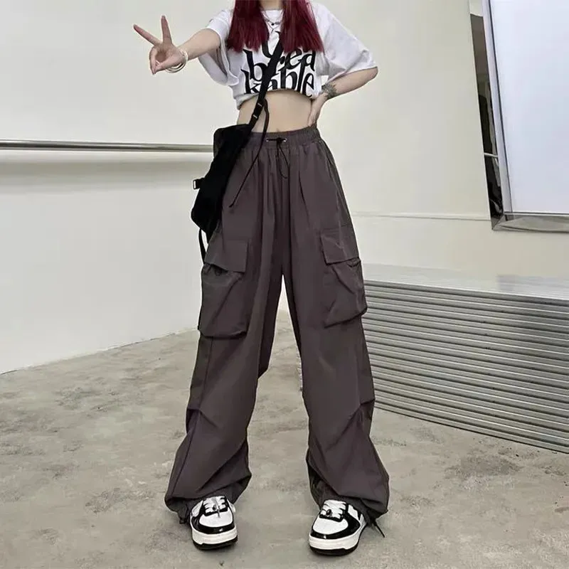 Bonnyshow Women Casual Joggers Tech Pants Solid Low Waist Sweatpants Drawstring Wide Leg Baggy Trousers Y2k Streetwear Oversize Sweatpants