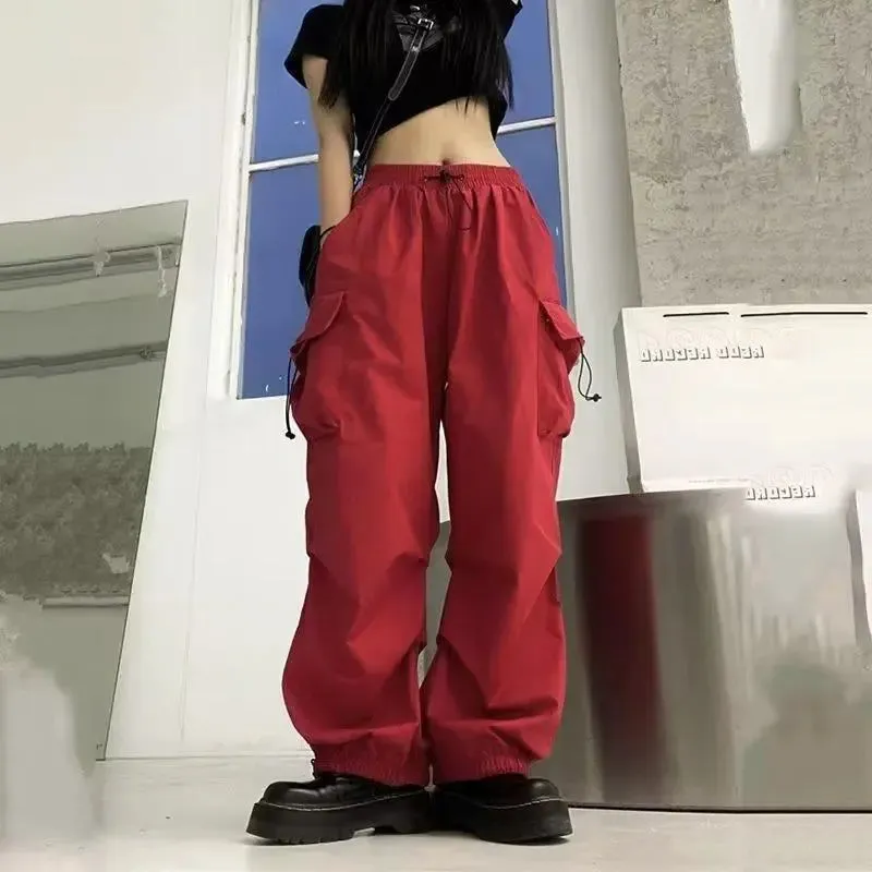 Bonnyshow Women Casual Joggers Tech Pants Solid Low Waist Sweatpants Drawstring Wide Leg Baggy Trousers Y2k Streetwear Oversize Sweatpants