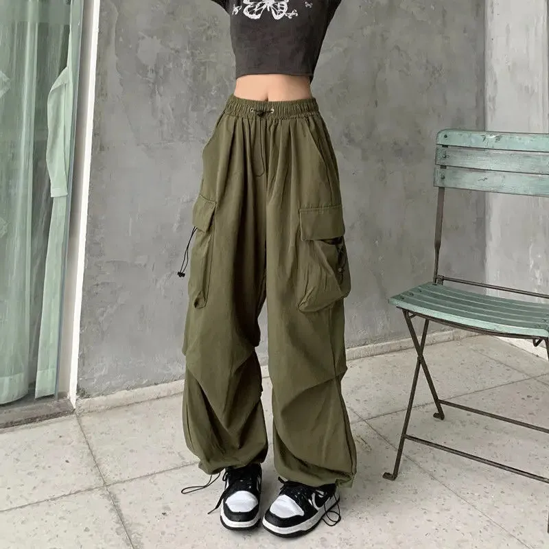 Bonnyshow Women Casual Joggers Tech Pants Solid Low Waist Sweatpants Drawstring Wide Leg Baggy Trousers Y2k Streetwear Oversize Sweatpants