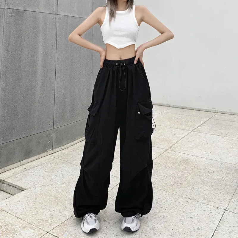 Bonnyshow Women Casual Joggers Tech Pants Solid Low Waist Sweatpants Drawstring Wide Leg Baggy Trousers Y2k Streetwear Oversize Sweatpants
