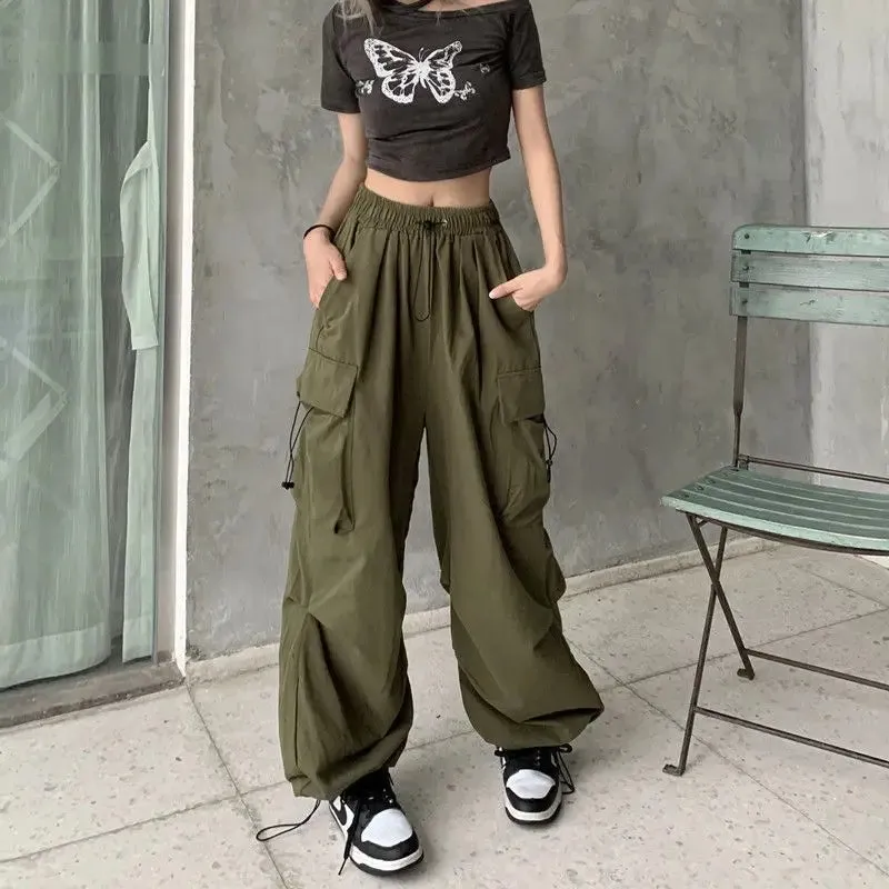 Bonnyshow Women Casual Joggers Tech Pants Solid Low Waist Sweatpants Drawstring Wide Leg Baggy Trousers Y2k Streetwear Oversize Sweatpants