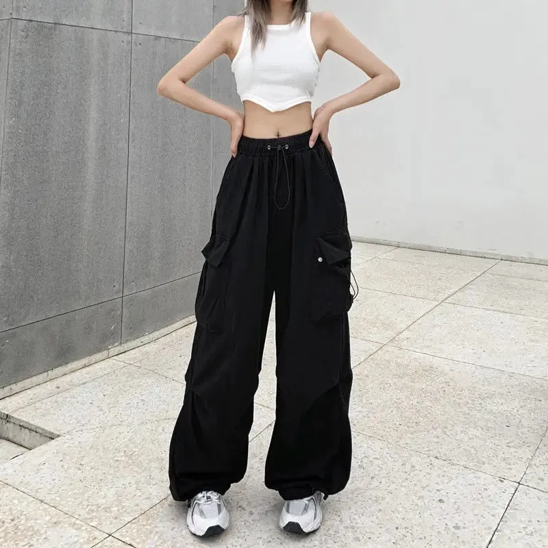 Bonnyshow Women Casual Joggers Tech Pants Solid Low Waist Sweatpants Drawstring Wide Leg Baggy Trousers Y2k Streetwear Oversize Sweatpants