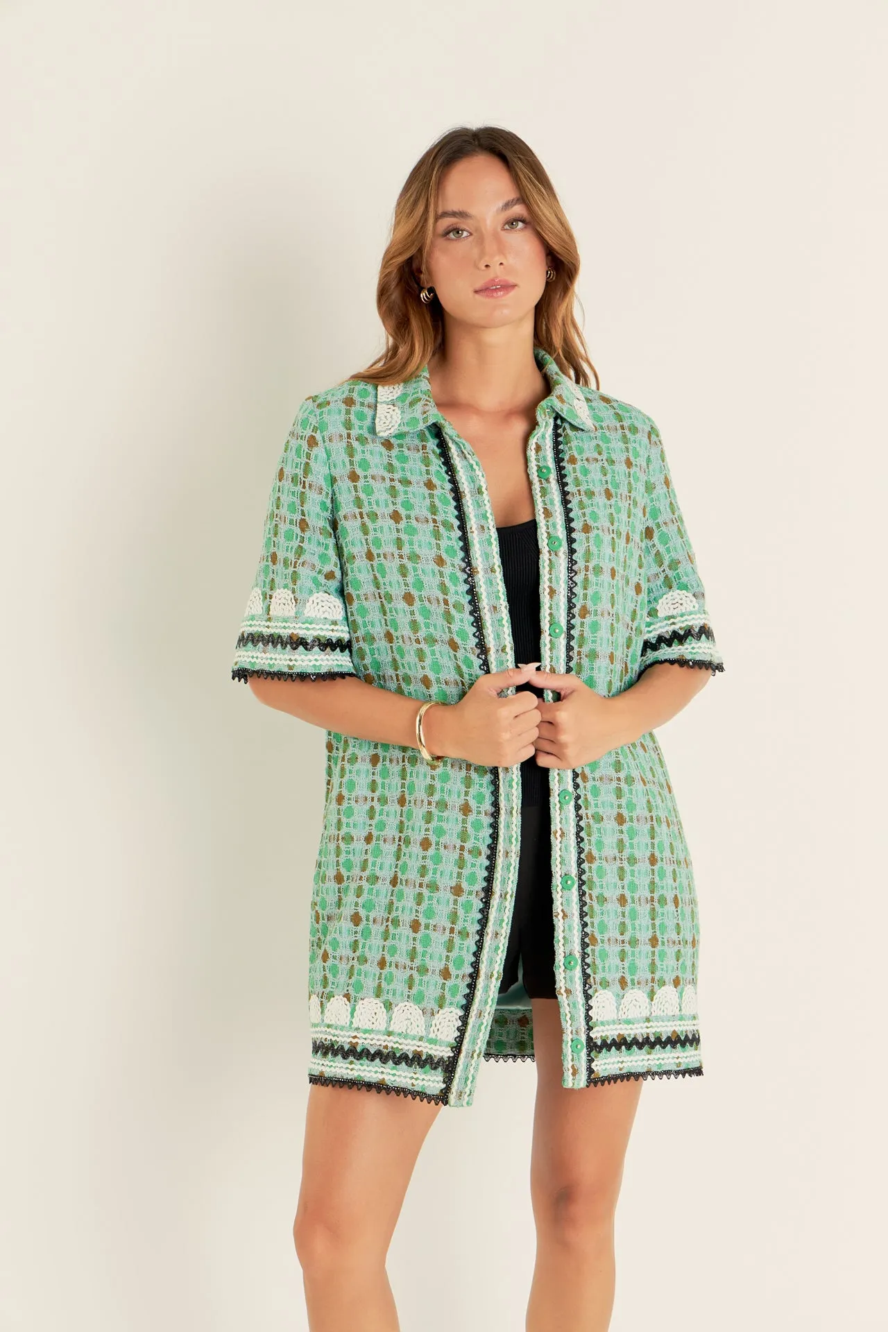 Boucle Mini Shirt Dress With Ric Rac Trim