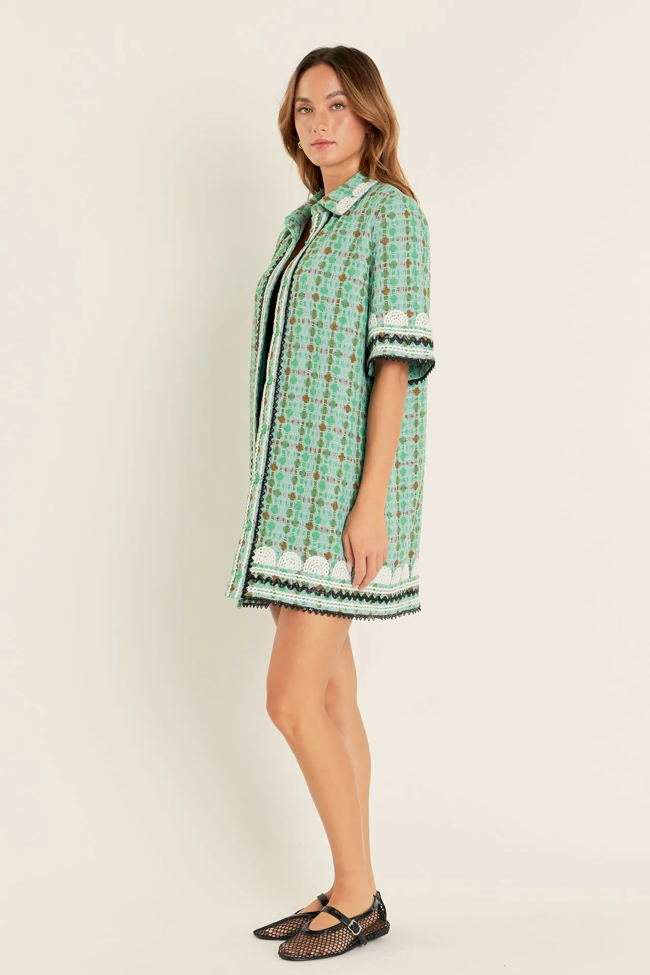 Boucle Mini Shirt Dress With Ric Rac Trim