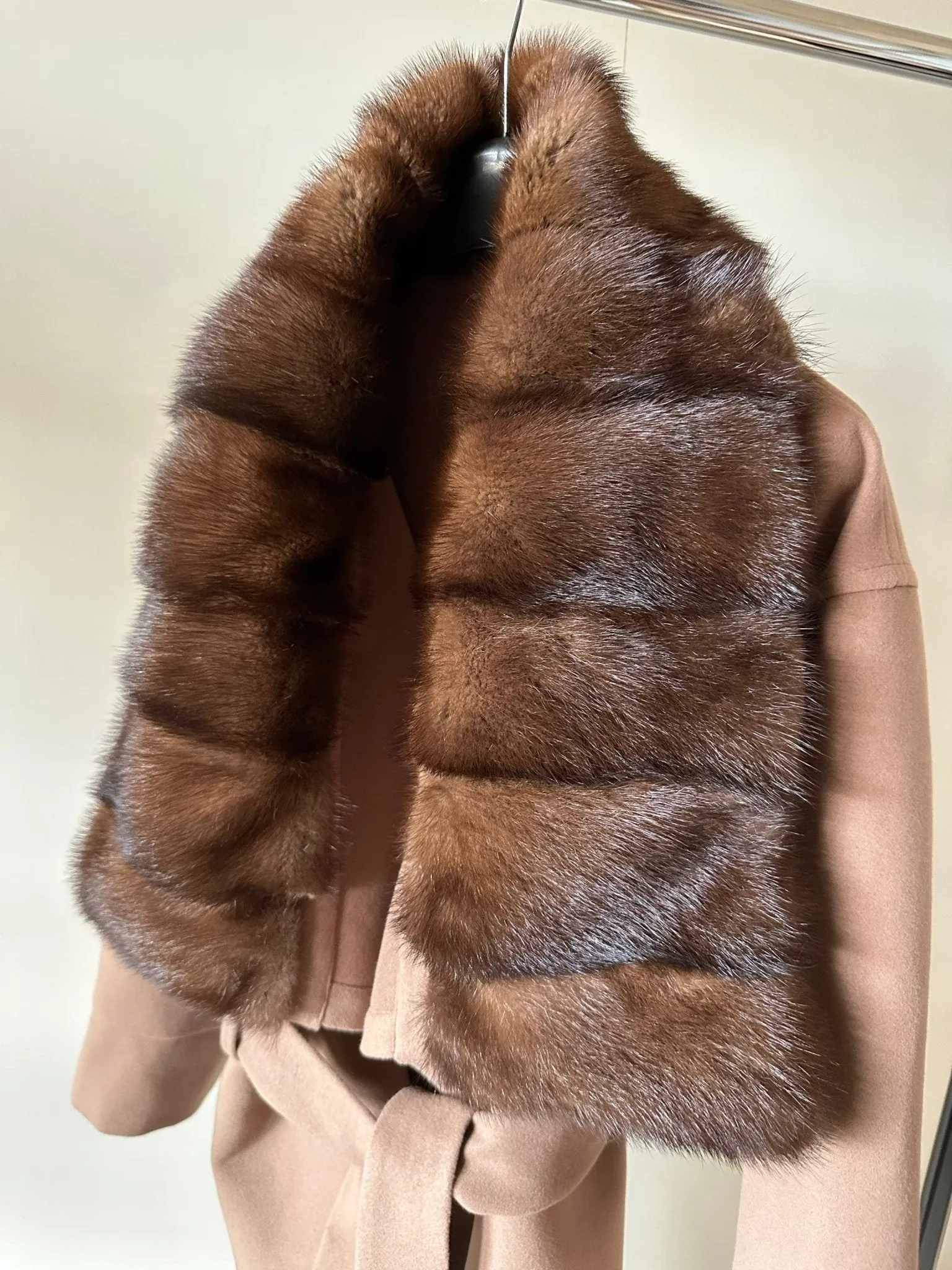 Camel Wrap Elegant Women coat, Long Belted Feminine Overcoat Trim Mink Fur, Woolen blend Coat Wrap
