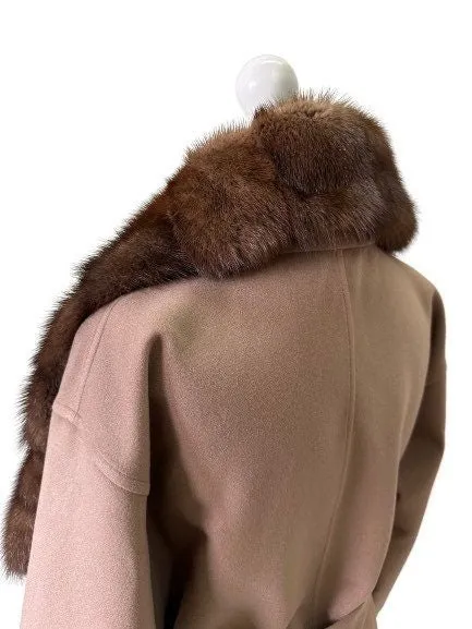 Camel Wrap Elegant Women coat, Long Belted Feminine Overcoat Trim Mink Fur, Woolen blend Coat Wrap