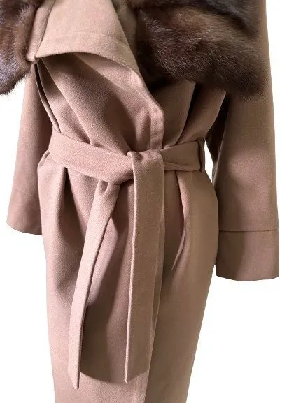 Camel Wrap Elegant Women coat, Long Belted Feminine Overcoat Trim Mink Fur, Woolen blend Coat Wrap