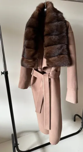 Camel Wrap Elegant Women coat, Long Belted Feminine Overcoat Trim Mink Fur, Woolen blend Coat Wrap