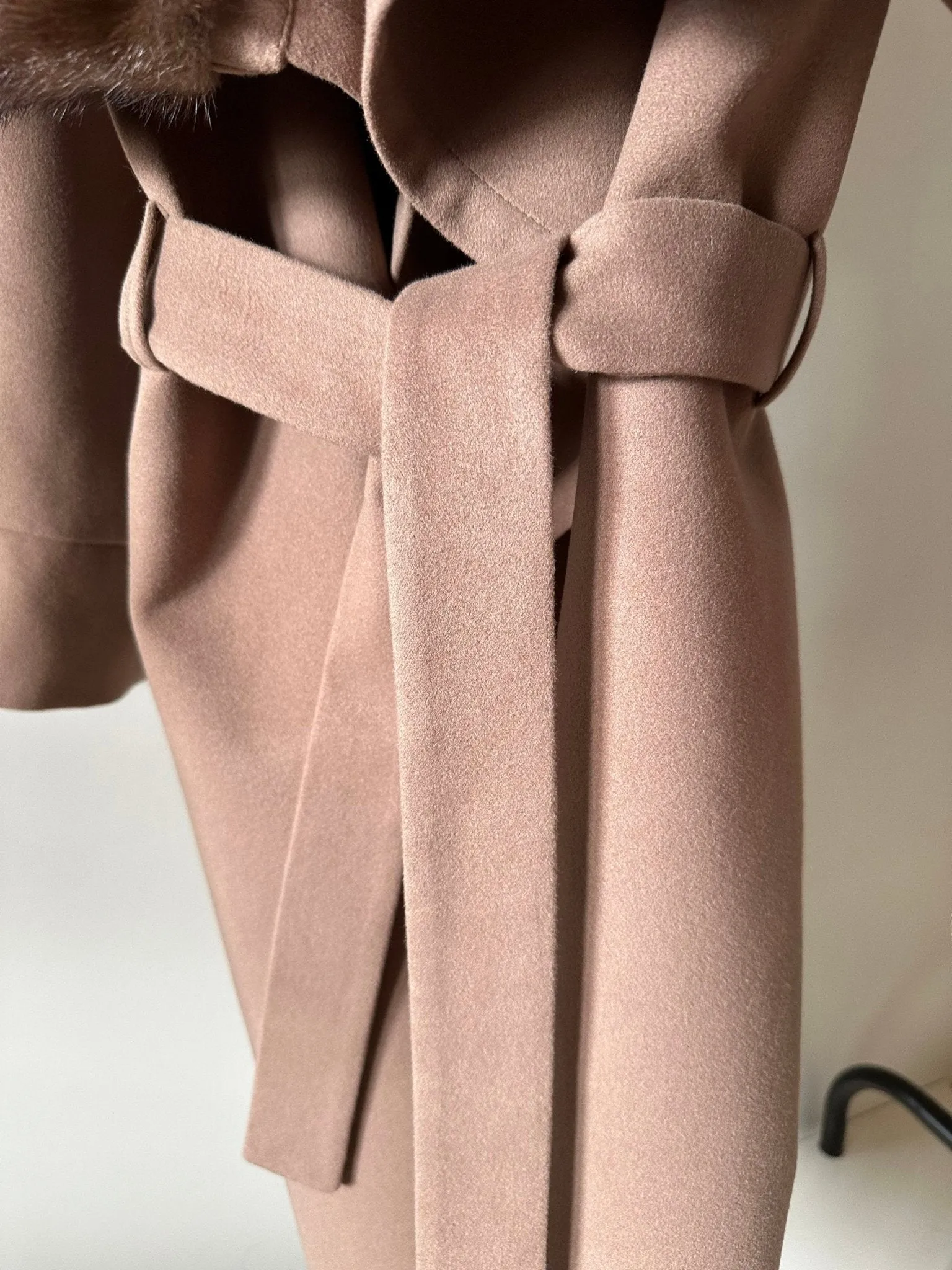Camel Wrap Elegant Women coat, Long Belted Feminine Overcoat Trim Mink Fur, Woolen blend Coat Wrap