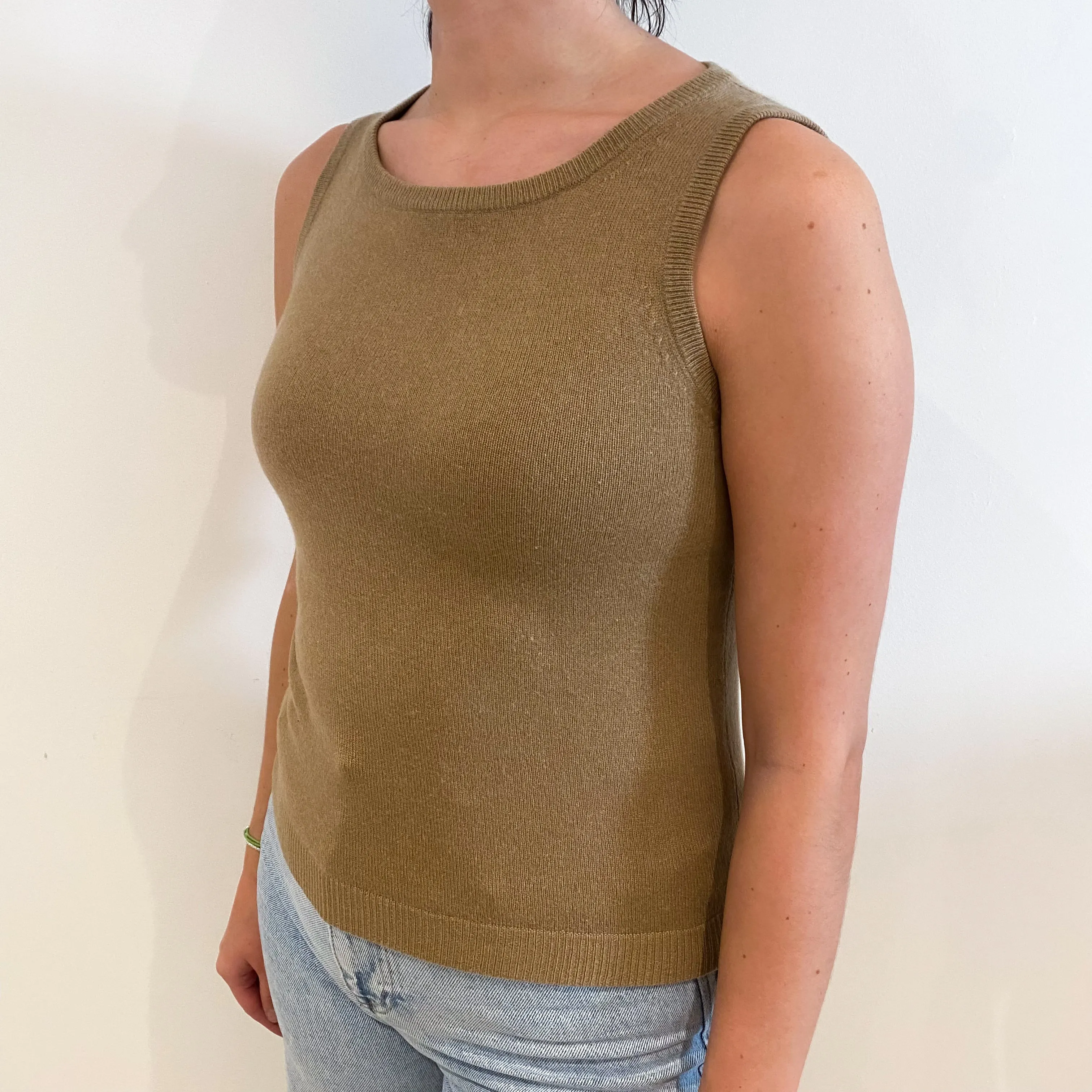Caramel Brown Cashmere Crew Neck Sleeveless Top Small