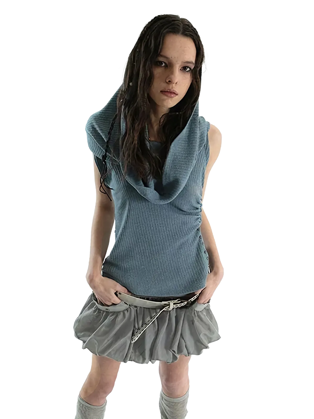 'Cavum' Ribbed Knit Tank Top with Oversized Hood
