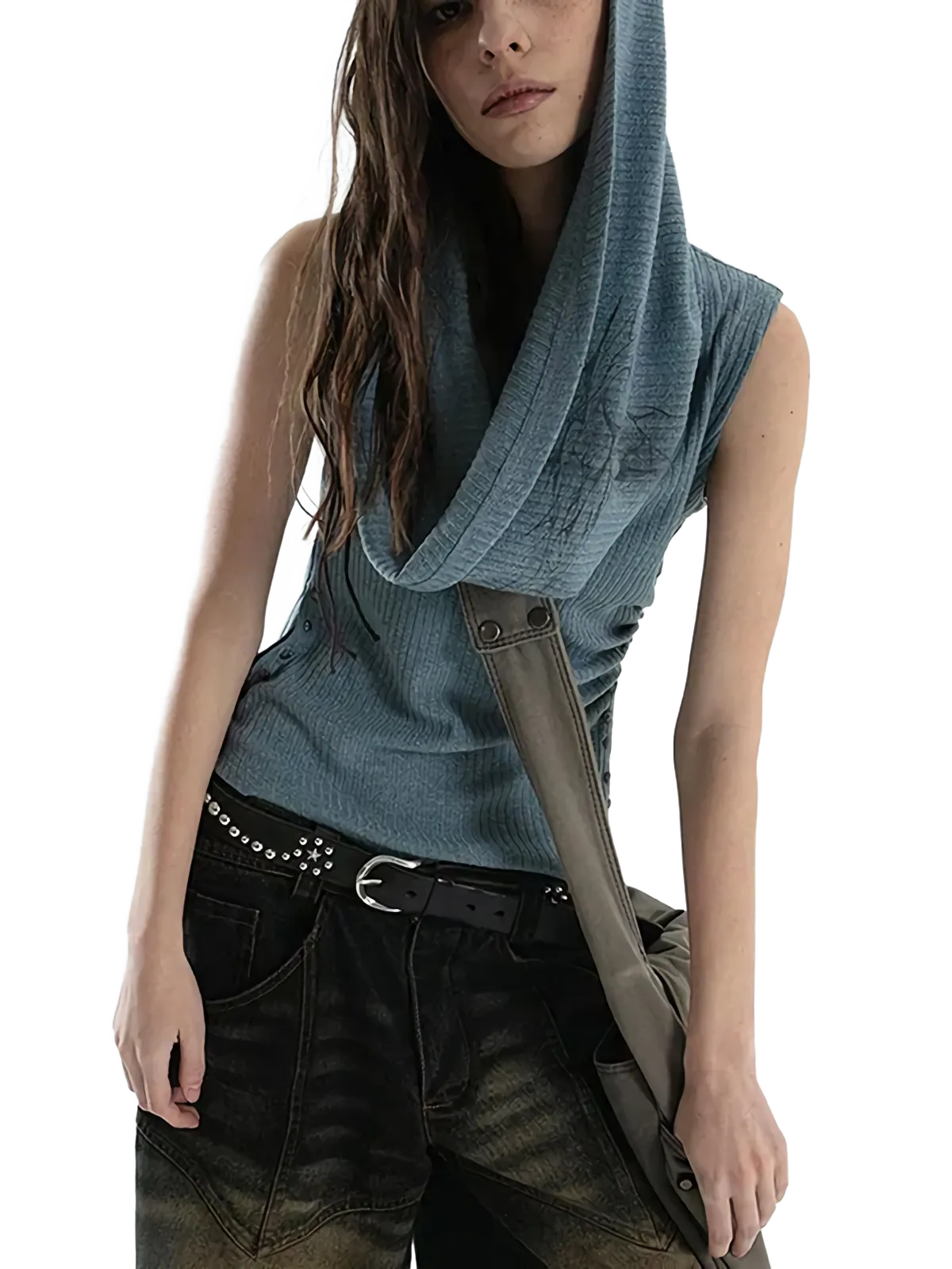 'Cavum' Ribbed Knit Tank Top with Oversized Hood