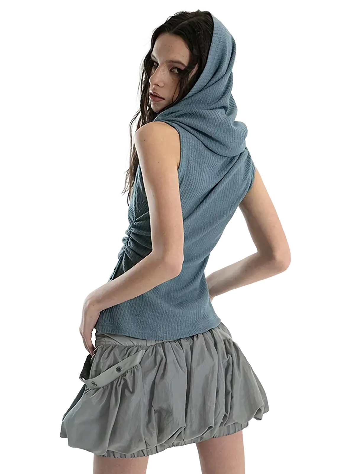 'Cavum' Ribbed Knit Tank Top with Oversized Hood
