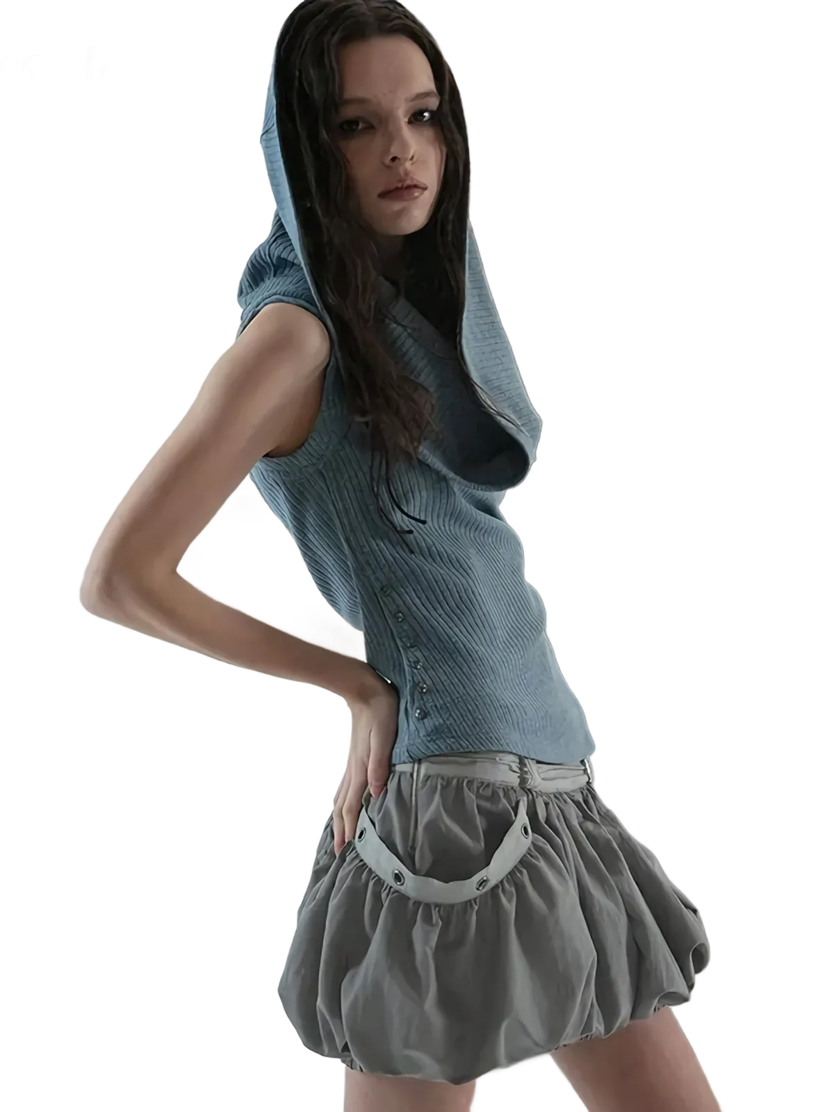 'Cavum' Ribbed Knit Tank Top with Oversized Hood
