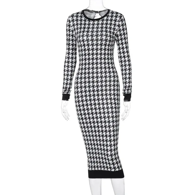 Chic Houndstooth Bodycon Midi Dress for Winter