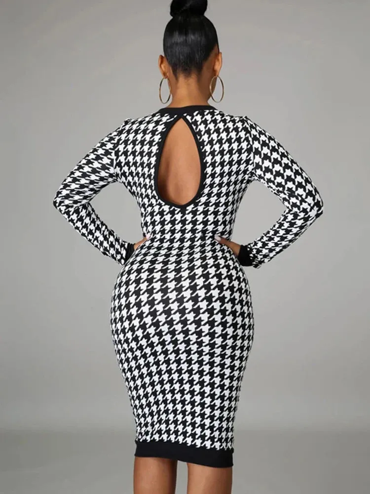 Chic Houndstooth Bodycon Midi Dress for Winter