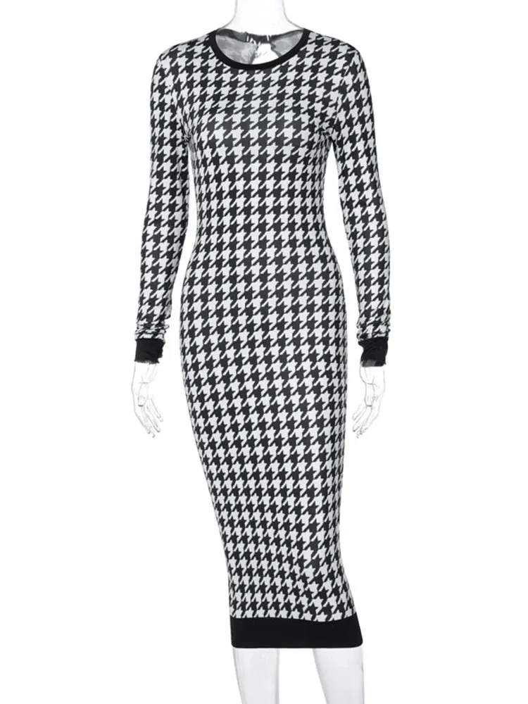 Chic Houndstooth Bodycon Midi Dress for Winter