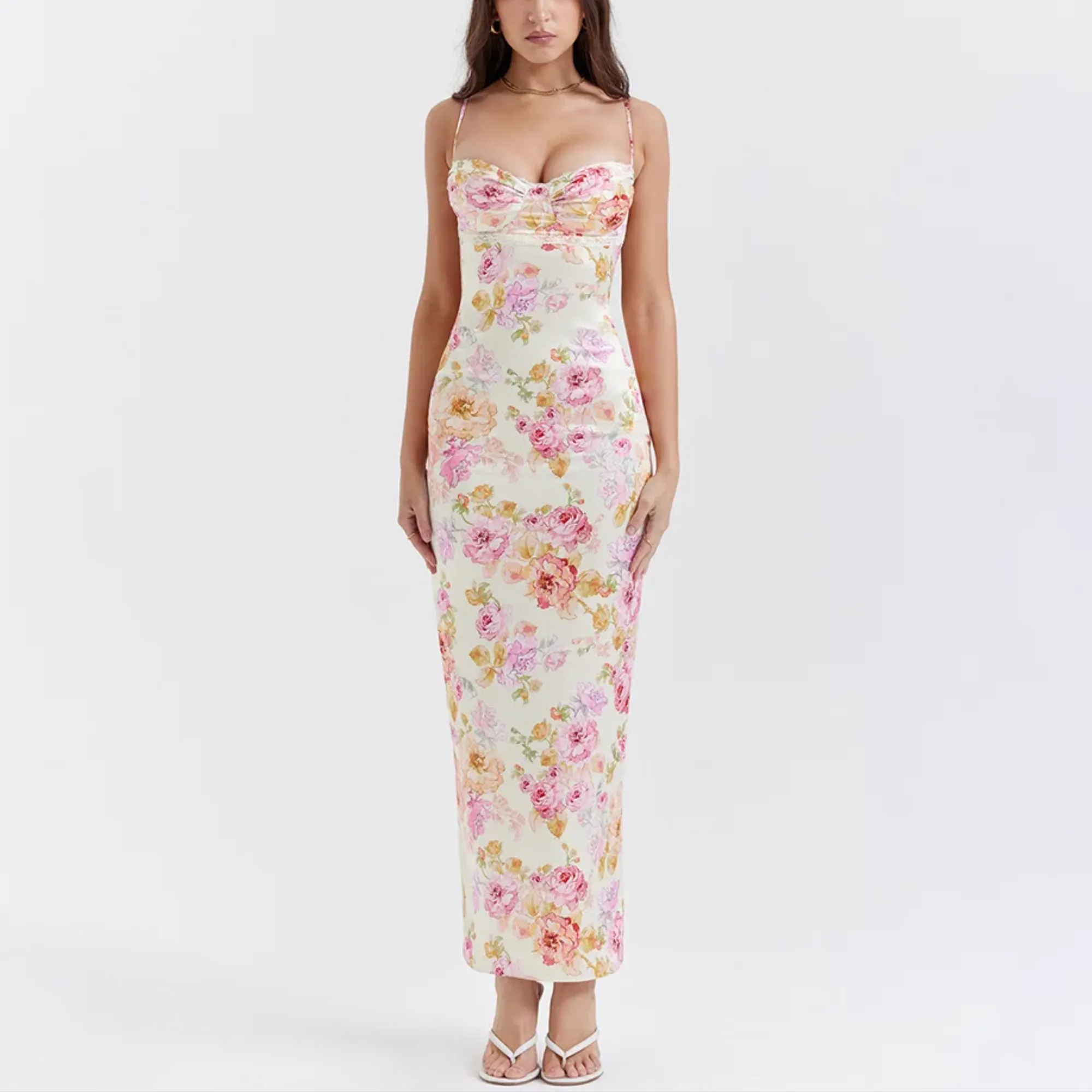 Corinne - Floral Print Spaghetti Strap Maxi Bodycon Dress