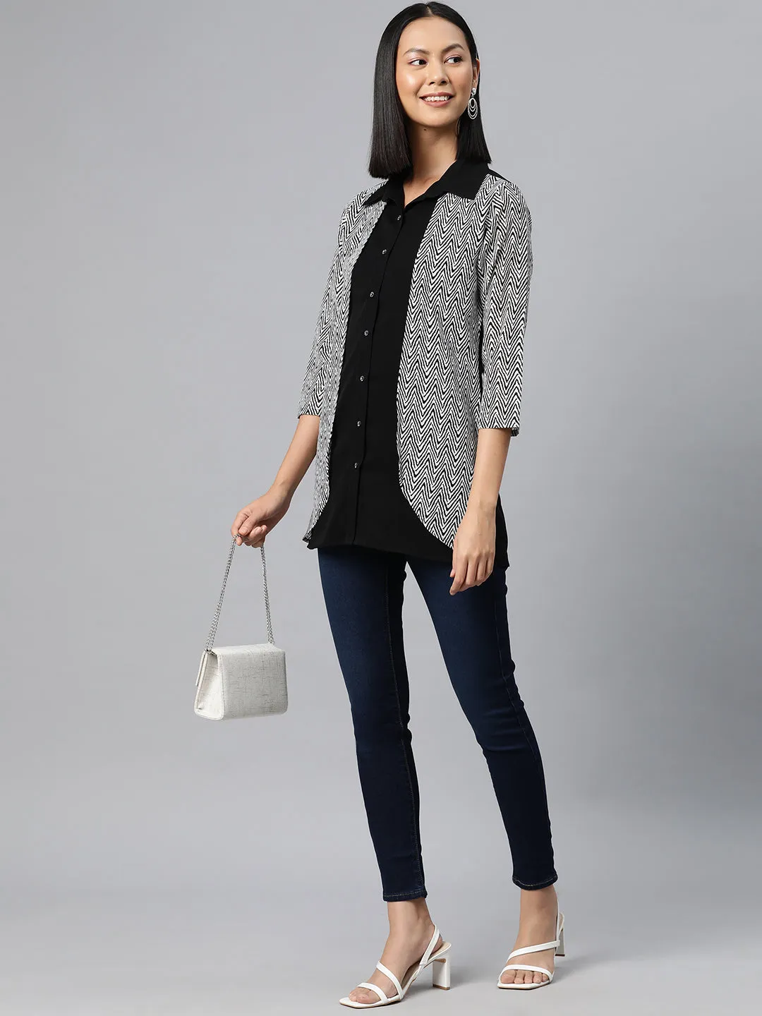 Cottinfab Geometric Print Layered Crepe Shirt Style Longline Top