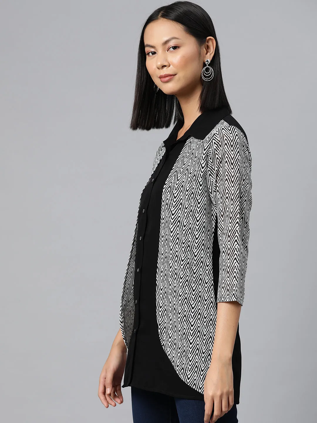 Cottinfab Geometric Print Layered Crepe Shirt Style Longline Top