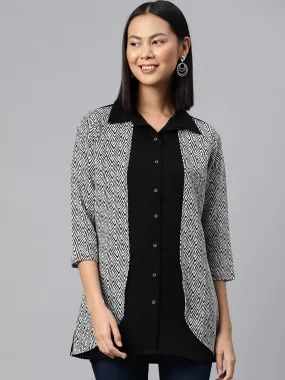 Cottinfab Geometric Print Layered Crepe Shirt Style Longline Top