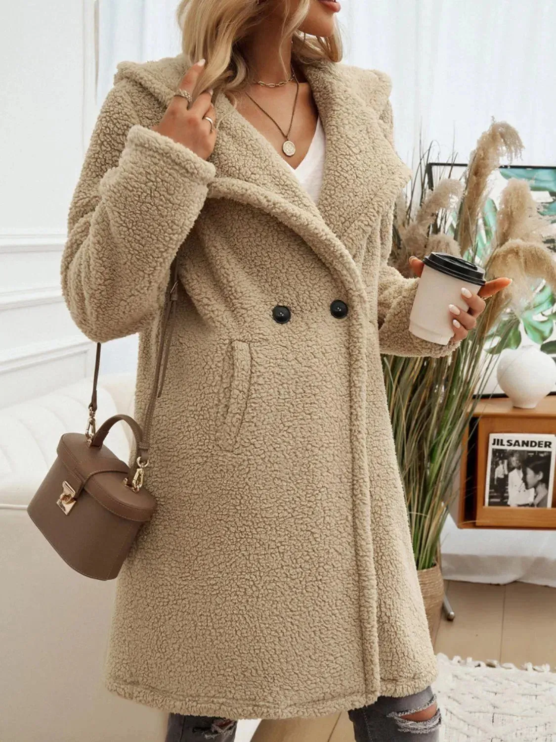 Cozy Button-Up Teddy Coat with Pockets and Hood