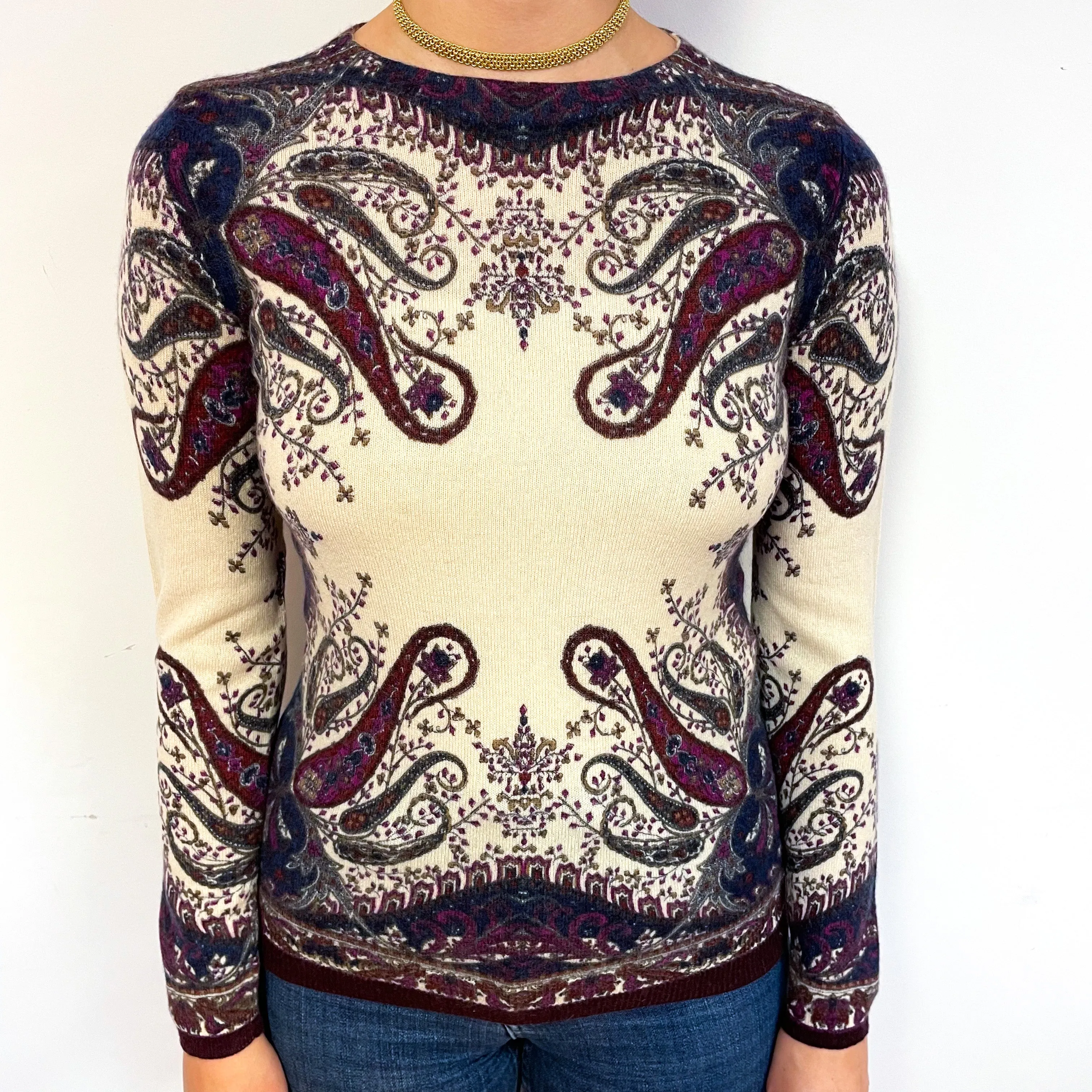 Cream Purple Paisley Cashmere Crew Neck Jumper Small
