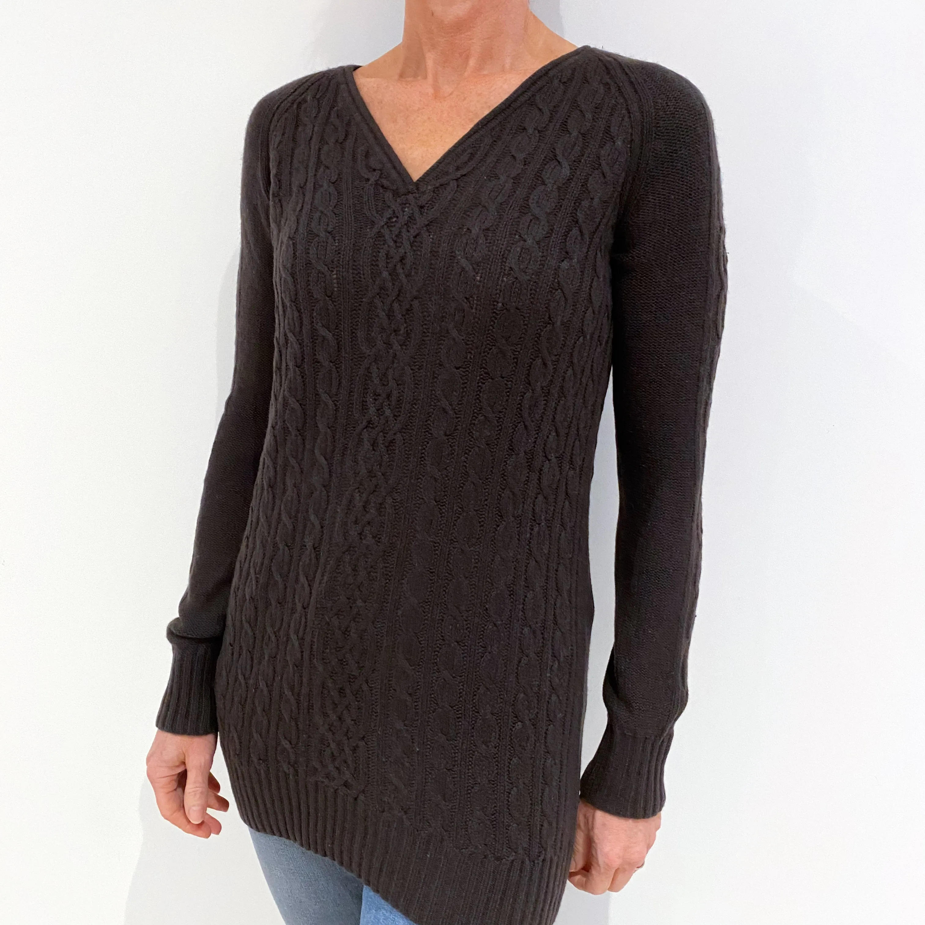 Dark Slate Grey Cable Cashmere V-Neck Jumper Small