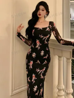 DAZY Back To School Mesh Floral Print Square Neck Dress For Ladies