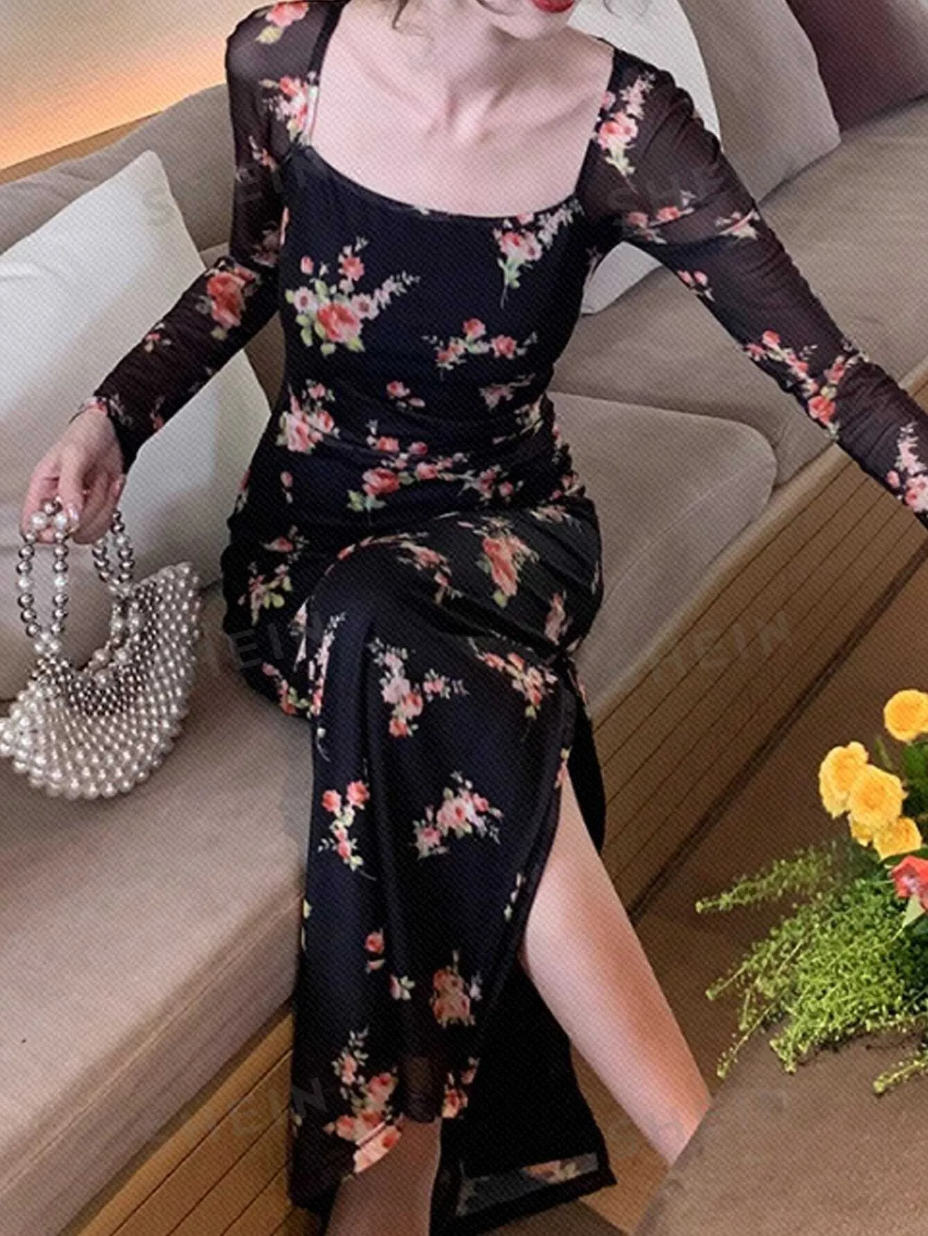 DAZY Back To School Mesh Floral Print Square Neck Dress For Ladies
