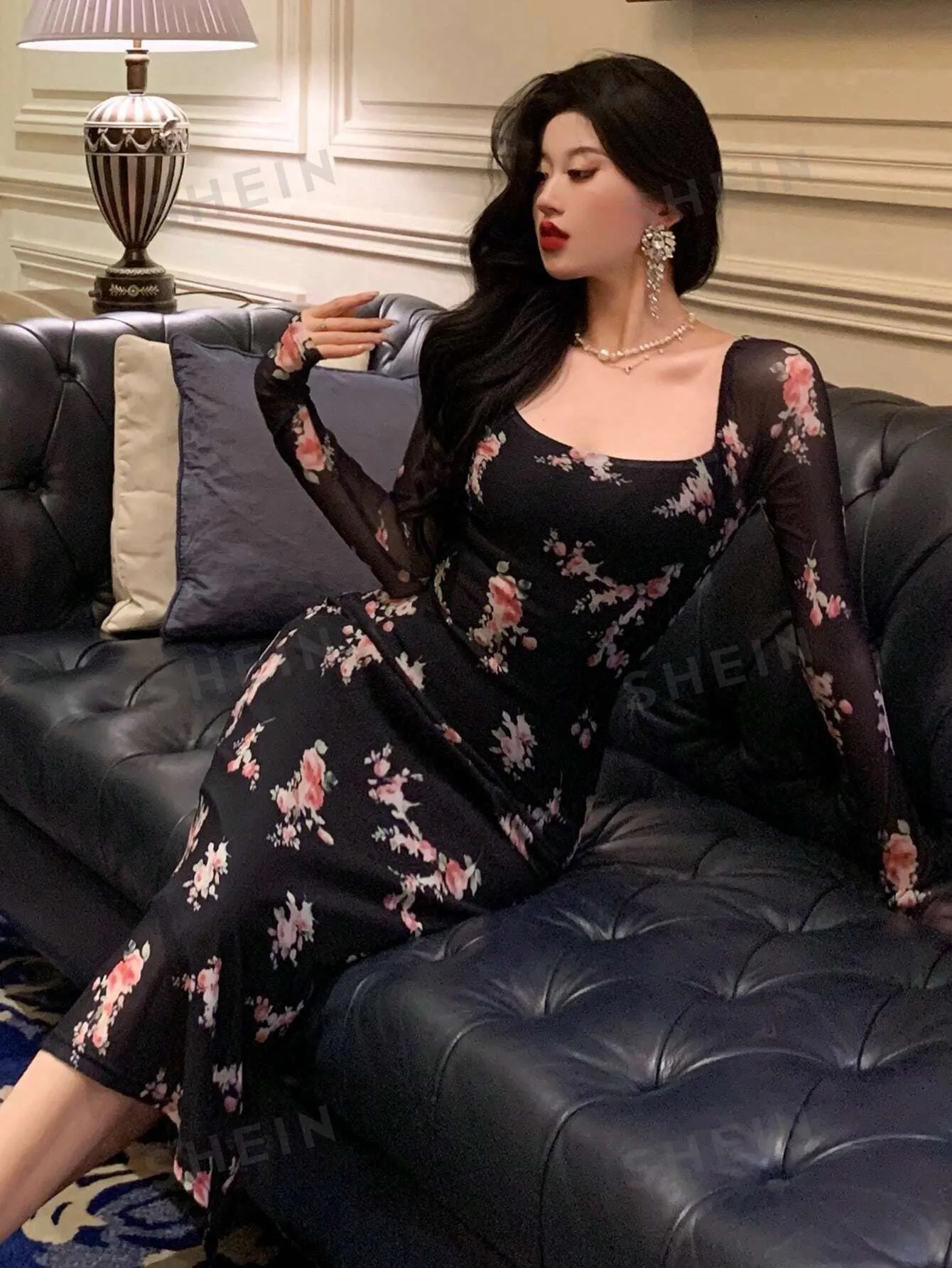 DAZY Back To School Mesh Floral Print Square Neck Dress For Ladies