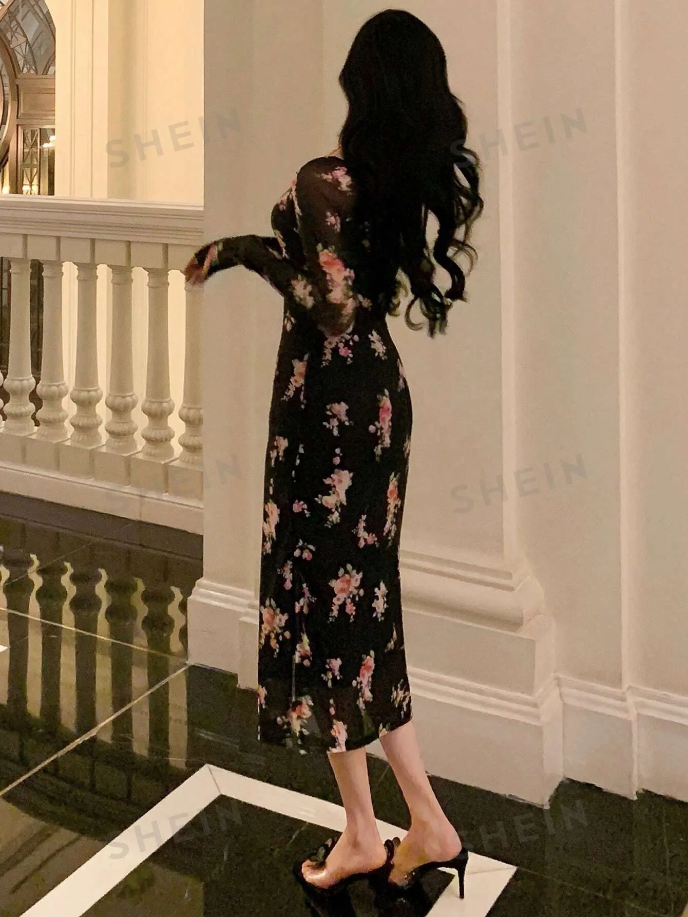 DAZY Back To School Mesh Floral Print Square Neck Dress For Ladies