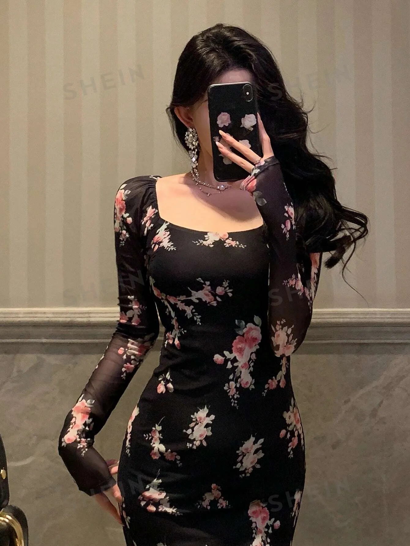 DAZY Back To School Mesh Floral Print Square Neck Dress For Ladies