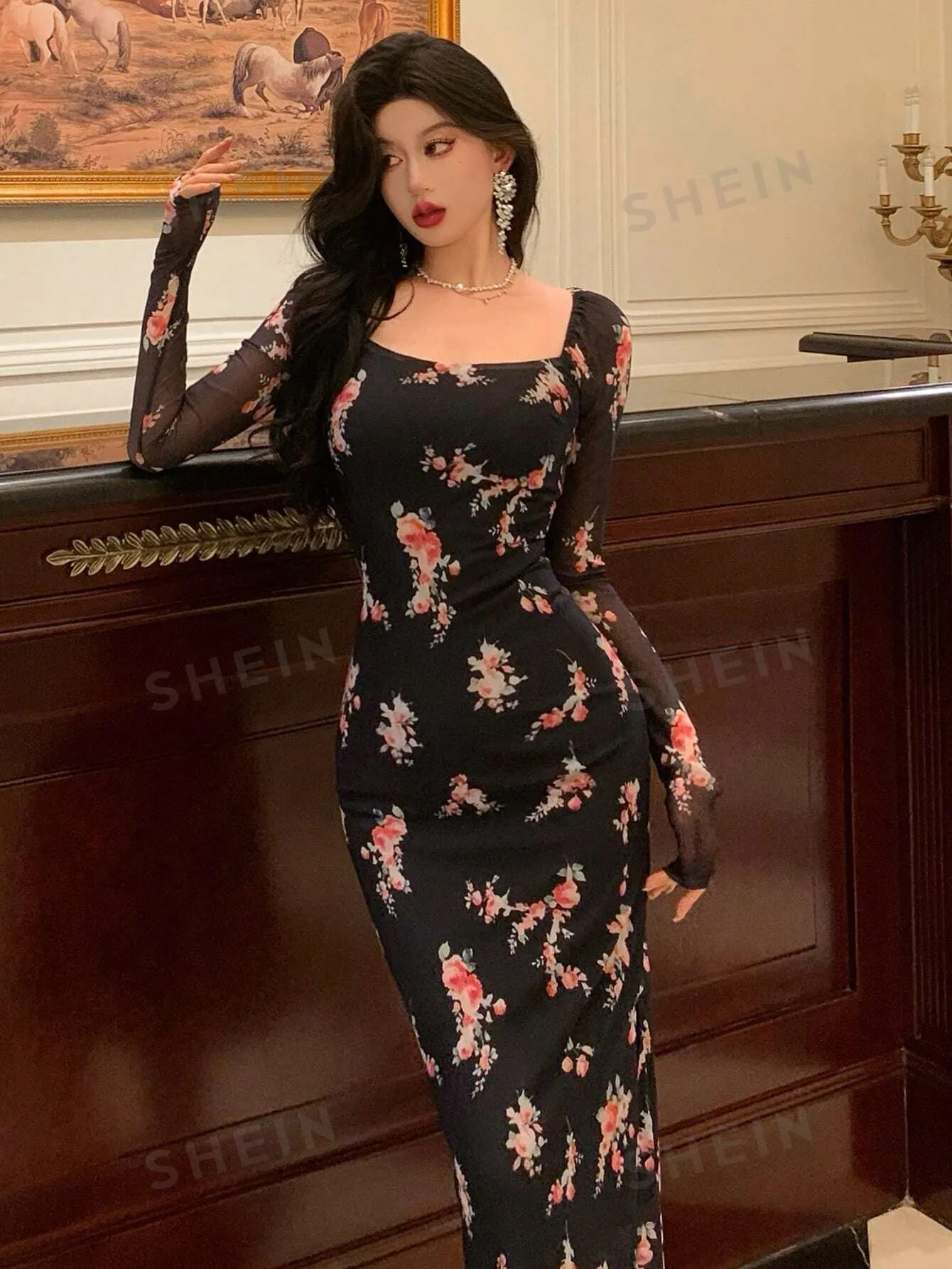 DAZY Back To School Mesh Floral Print Square Neck Dress For Ladies