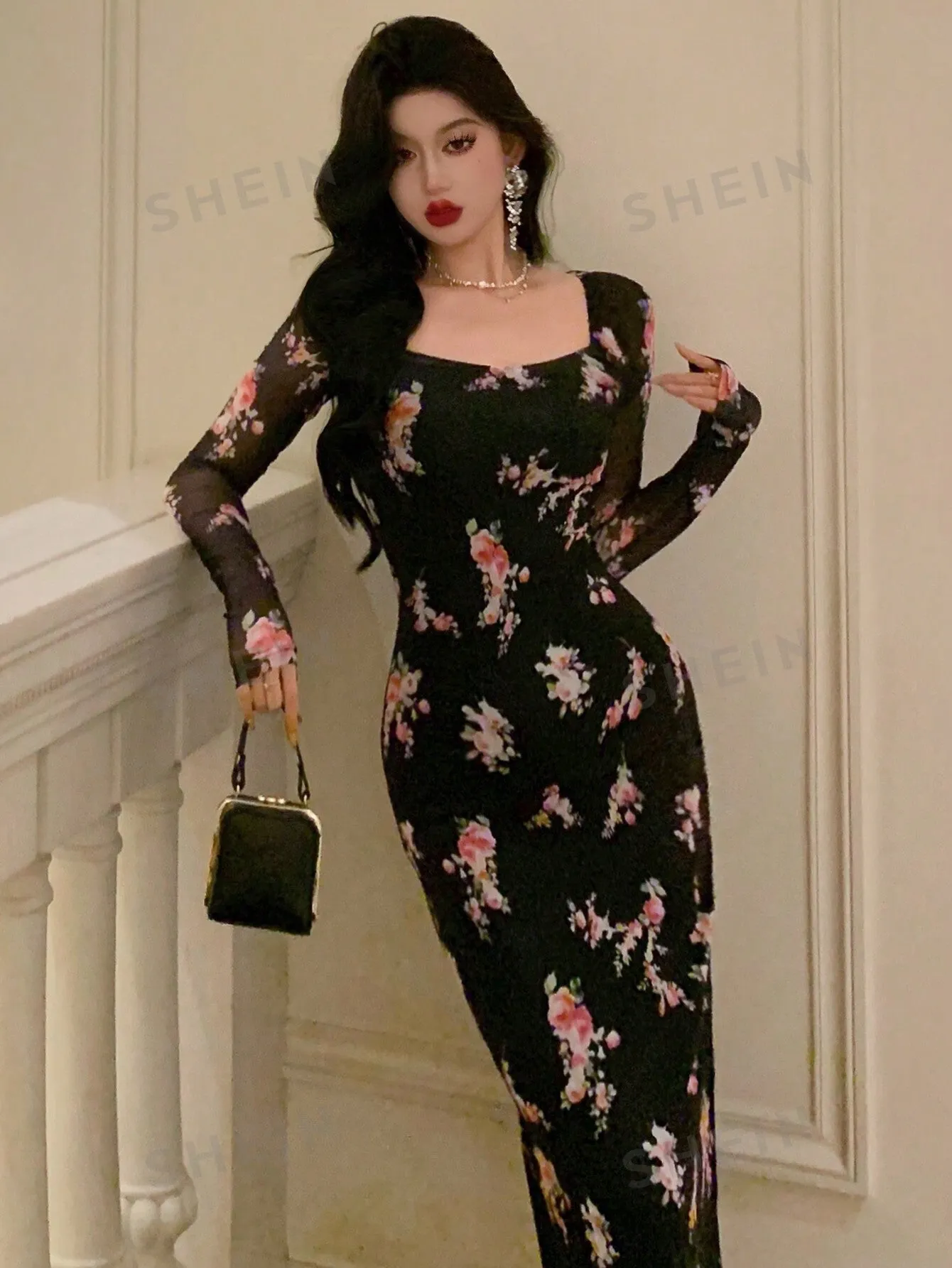 DAZY Back To School Mesh Floral Print Square Neck Dress For Ladies