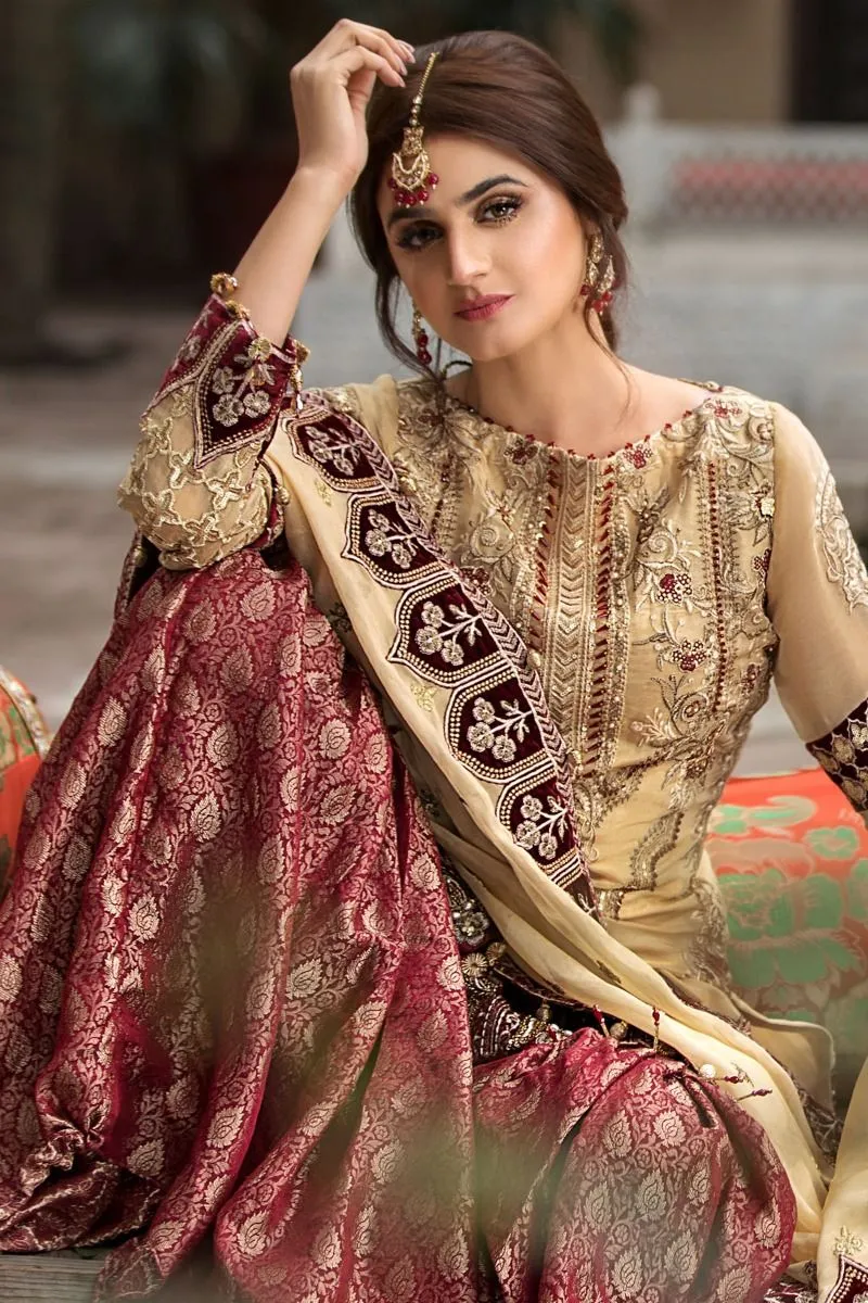 Designer Gharara Shirt for Party in Skin and Maroon Color #M0031