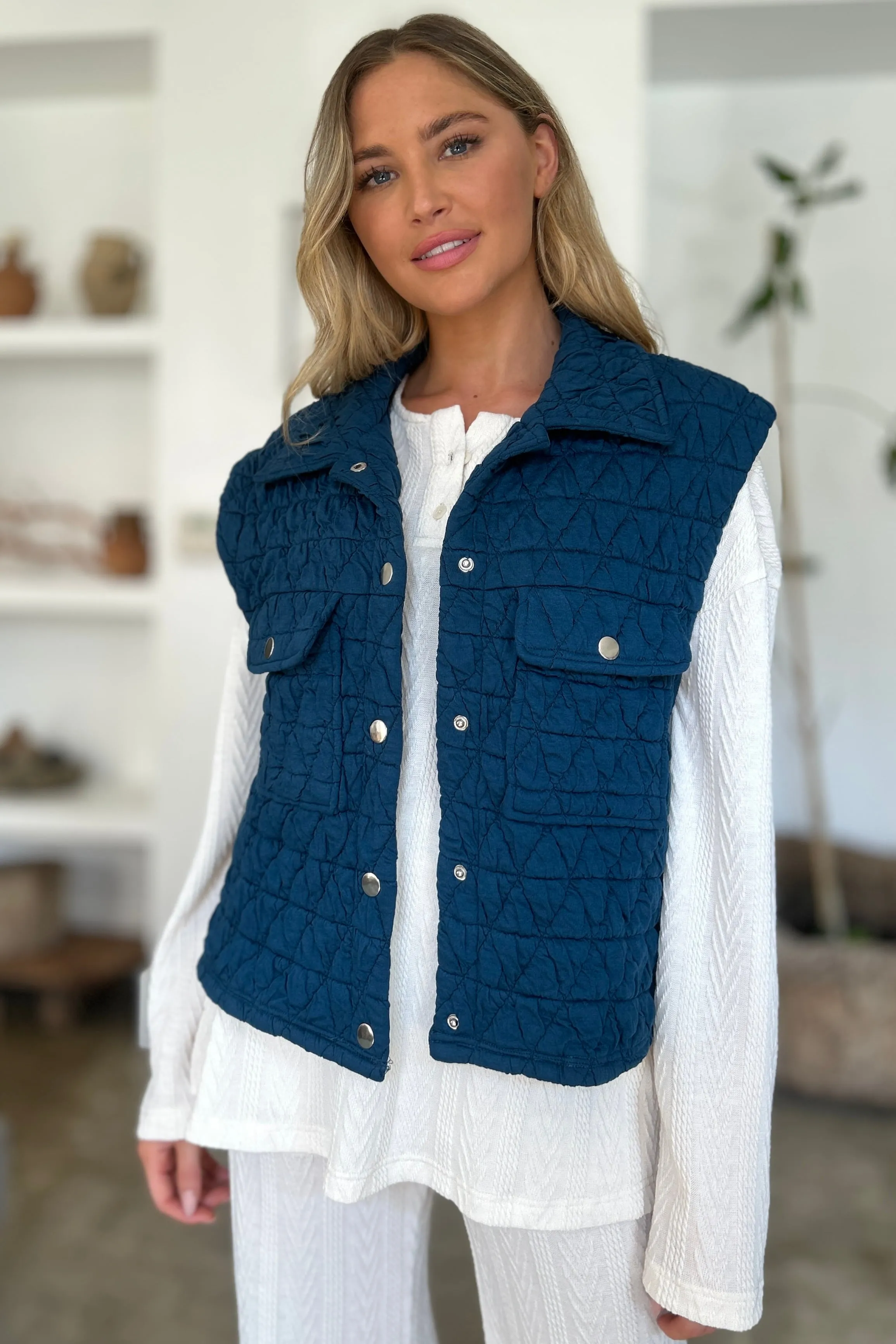 Double Take Pocketed Quilted Textured Snap Down Vest Coat
