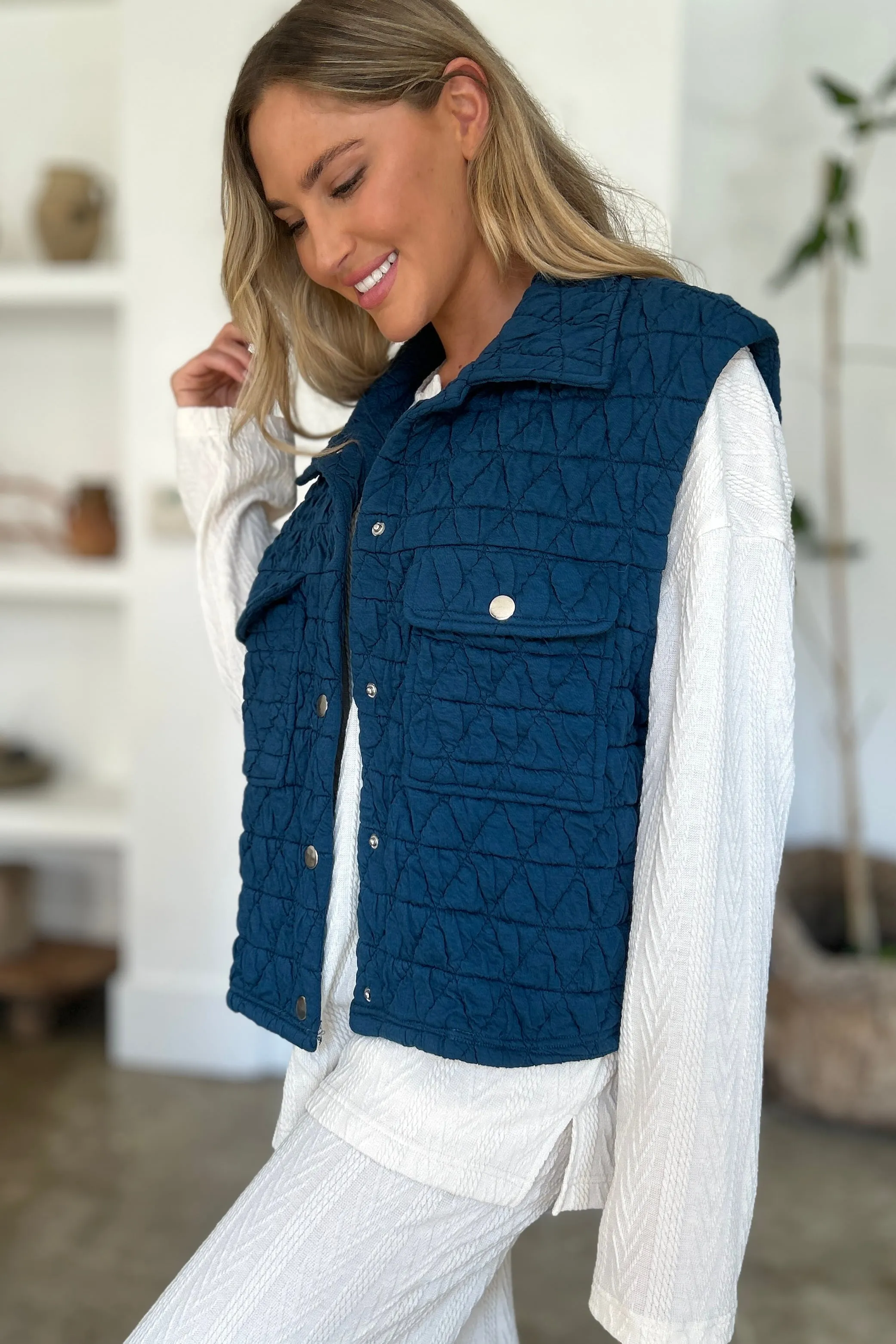 Double Take Pocketed Quilted Textured Snap Down Vest Coat