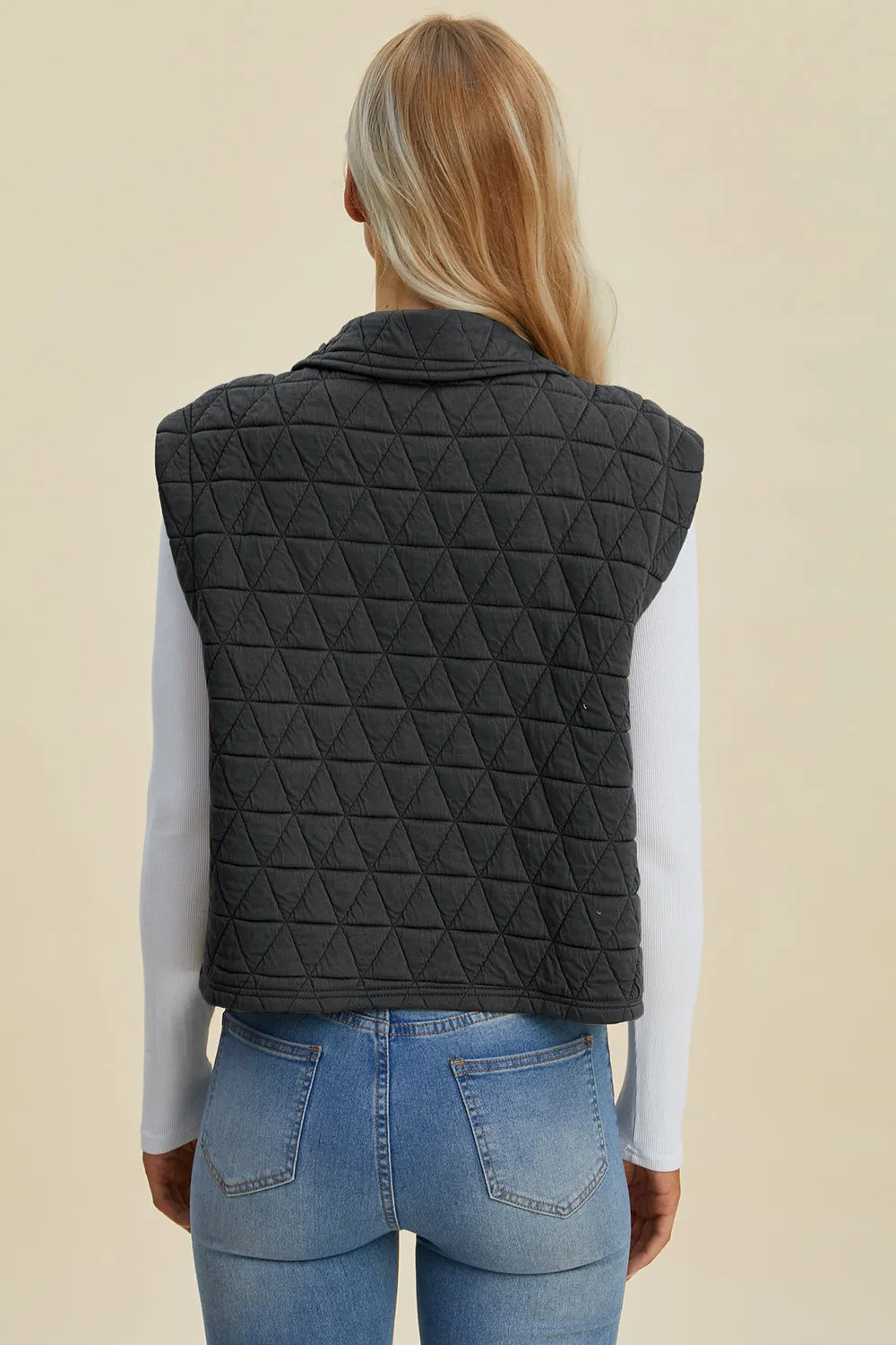 Double Take Pocketed Quilted Textured Snap Down Vest Coat
