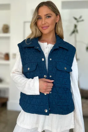 Double Take Pocketed Quilted Textured Snap Down Vest Coat