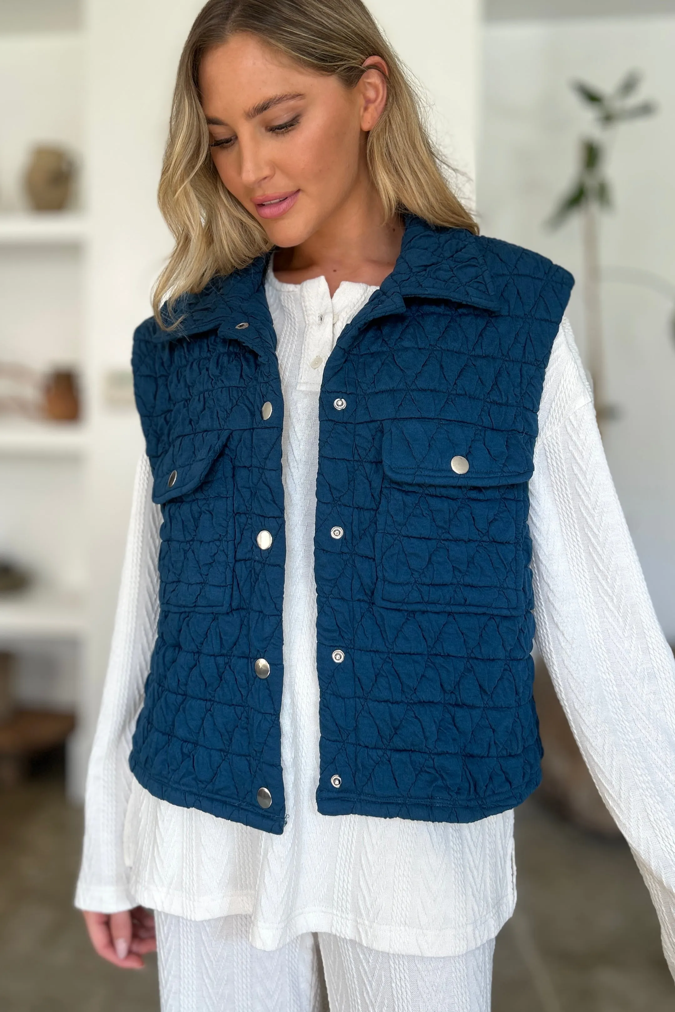 Double Take Pocketed Quilted Textured Snap Down Vest Coat