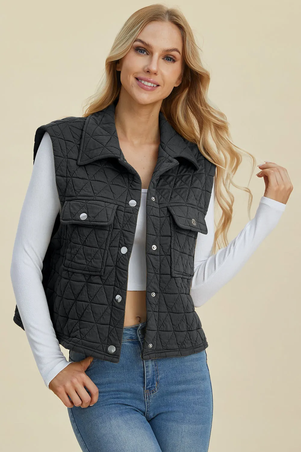 Double Take Pocketed Quilted Textured Snap Down Vest Coat