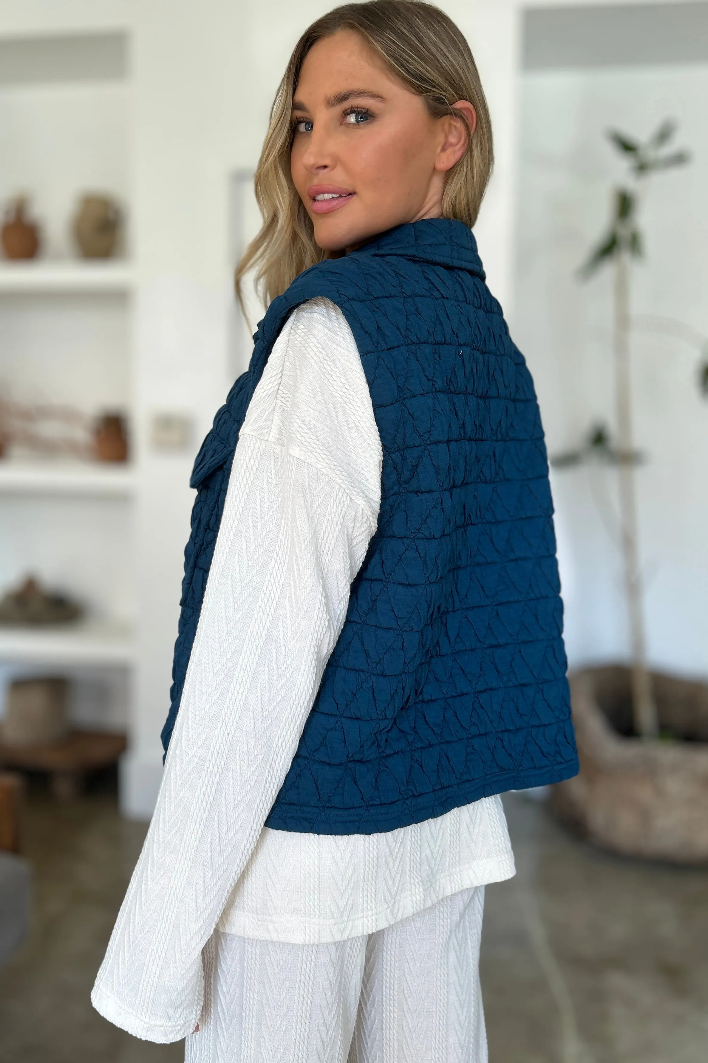 Double Take Pocketed Quilted Textured Snap Down Vest Coat