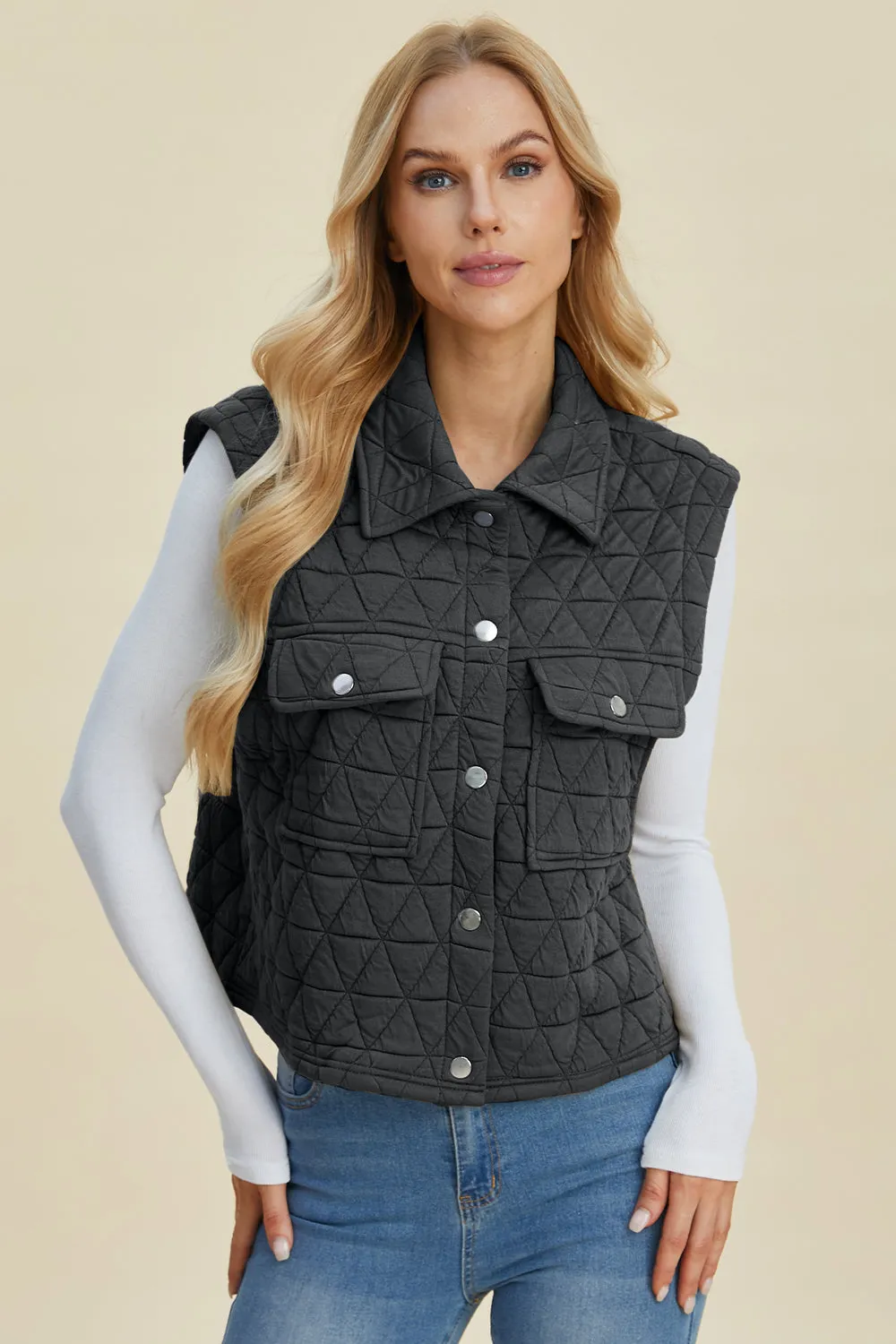 Double Take Pocketed Quilted Textured Snap Down Vest Coat