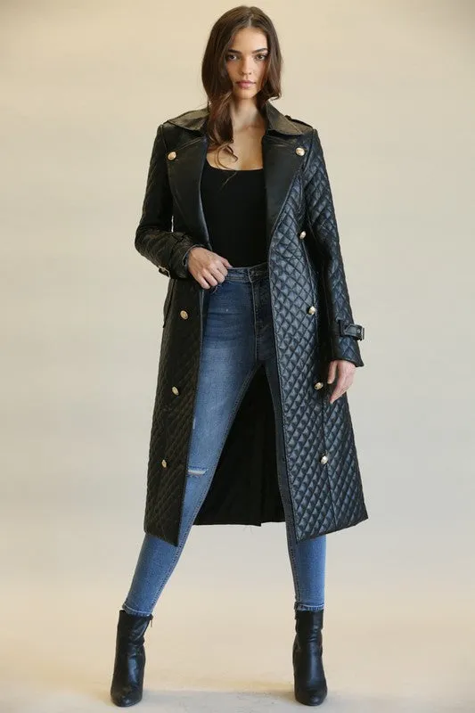 Elegant Black Faux Leather Quilted Button Tie-Up Trench Coat