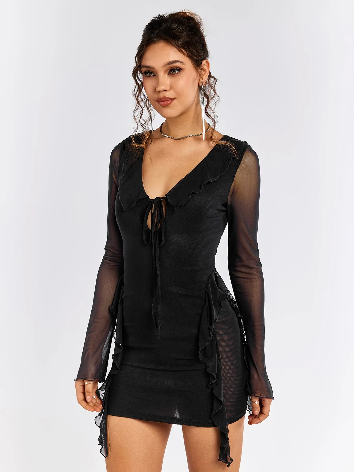 Flounce Sleeve Tie Front Embellished Mesh Dress