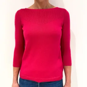 Fuchsia Pink 3/4 Sleeved Cashmere Crew Neck Jumper Small