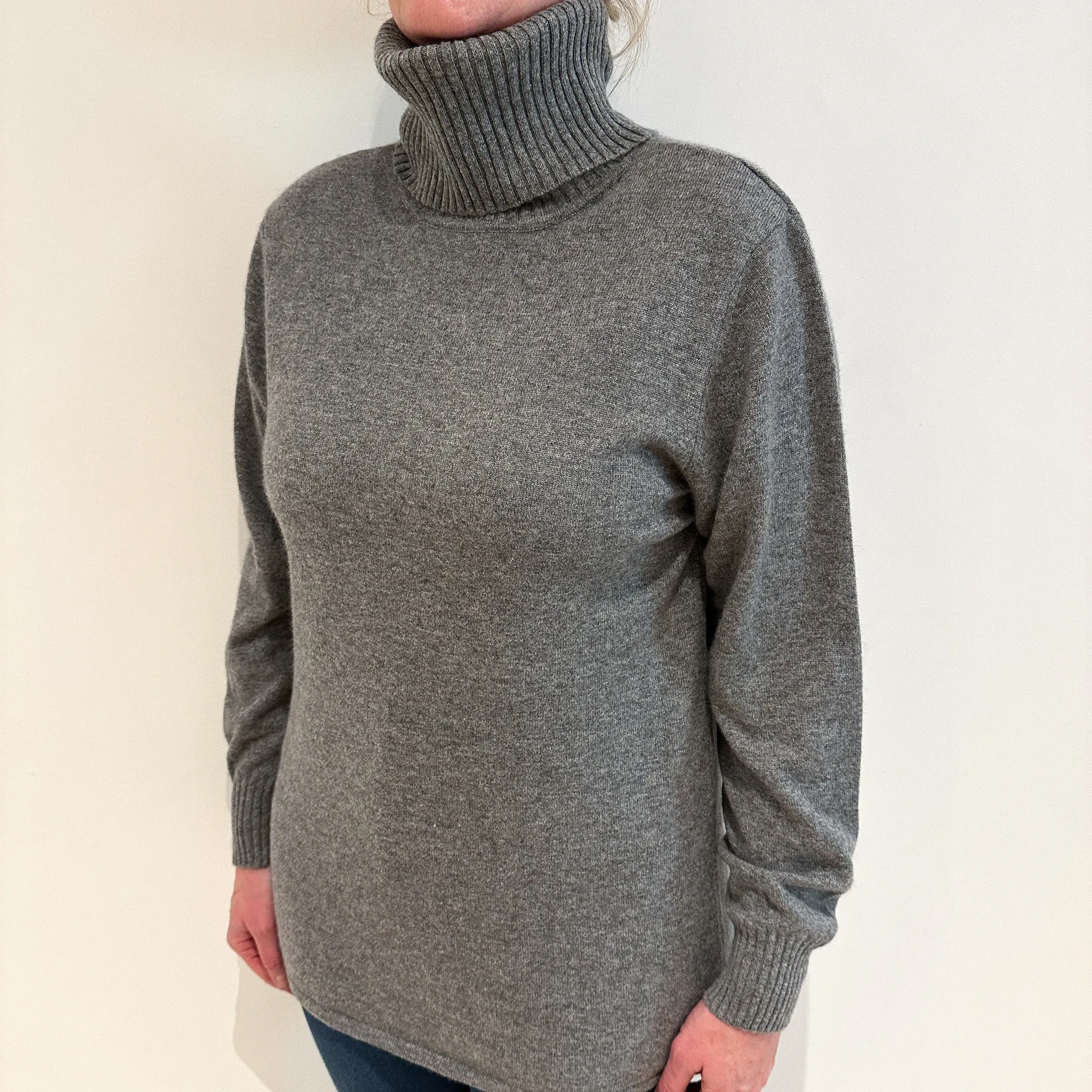 Grey Marl Longline Cashmere Turtle Neck Jumper Large