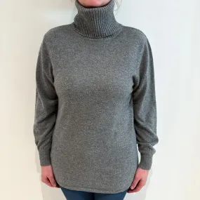 Grey Marl Longline Cashmere Turtle Neck Jumper Large